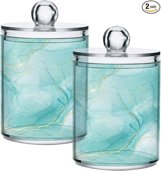 BOENLE 2 Pack Qtip Holder Dispenser Turquoise Marble Bathroom Storage Canister Lid Acrylic Plastic Apothecary Jar Set Vanity Makeup Organizer for Cotton Swabs/Pads/Floss - ModernBath