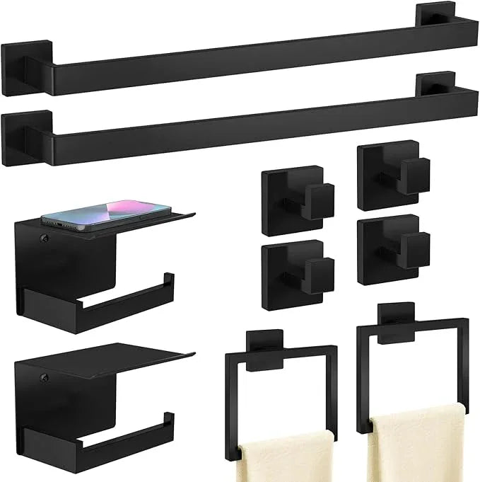 10-Piece Matte Black Bathroom Hardware Accessories Set, 24 inch Towel Bar, Stainless Steel Towel Racks for Bathroom, Bath Towel Bar Set Wall Mounted - ModernBath
