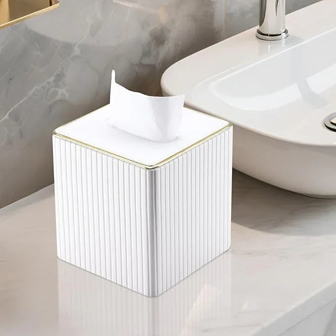 KINGFOM Tissue Box Cover, PU Leather Square Tissue Box Holder for Kleenexs with Magnetic Bottom Cover for Facial Tissues/Napkins, Office & Living Room Decor Box White - ModernBath