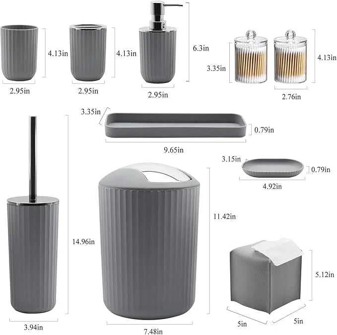 Bathroom Accessory Set - 10 Piece Grey Bathroom Accessories Set with Trash Can, Toothbrush Holder and Cup, Soap Dispenser, Soap Dish, Toilet Brush Holder, Vanity Tray, Qtip Holder, Tissue Box Cover - ModernBath