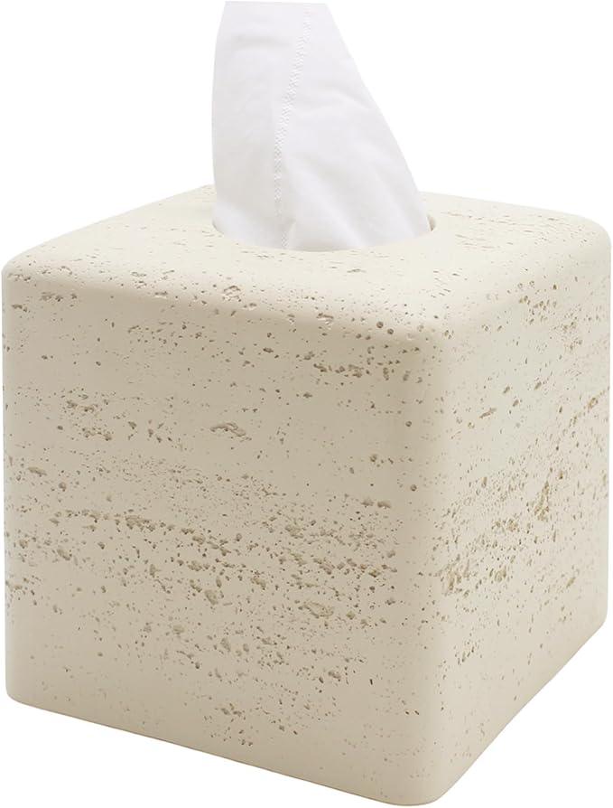 Huitony Travertine Tissue Box Cover Square Decorative Stone Klenex Box Holder for Bathroom & Living Room with Handcrafted Texture (Light Beige) - ModernBath