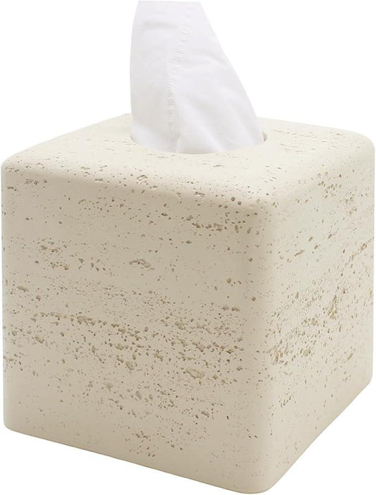 Huitony Travertine Tissue Box Cover Square Decorative Stone Klenex Box Holder for Bathroom & Living Room with Handcrafted Texture (Light Beige) - ModernBath