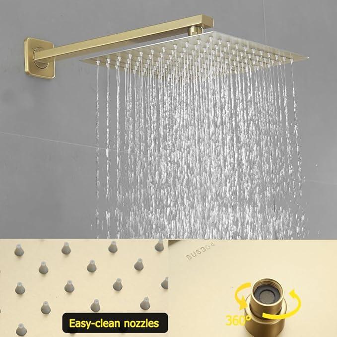 JingGang Brushed Gold Shower System 10 Inch Bathroom Luxury Rain Mixer Shower Combo Set Wall Mounted Rainfall Shower Head and Handheld System Shower Faucet Rough-in Valve Body and Trim Kit - ModernBath