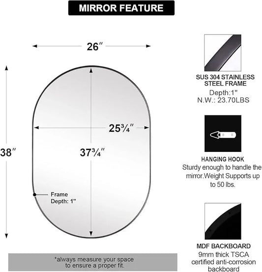 ANDY STAR Black Oval Mirror, 26x38'' Pill Shaped Mirror 1’’ Deep Metal Frame Wall Mounted Vertically&Horizontally Ideal for Limited Space - ModernBath