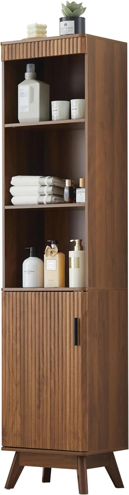 68" Tall Bathroom Storage Cabinet,Narrow Fluted Tower Cabinet with Door and Shelves,Slim Space Saving Storage Unit for Bathroom Kitchen Living Room (Walnut, 11.8" D x 15.75" W x 68" H) - ModernBath