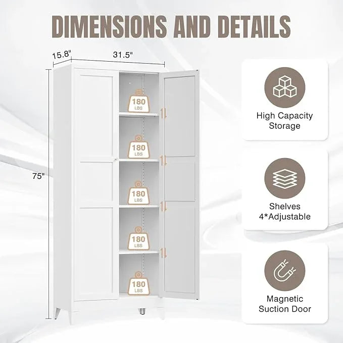Yizosh Metal Pantry Cabinet, 75" Kitchen Pantry with 2 Door and 4 Adjustable Shelves,White Metal Pantry Storage Cabinet,Cupboard for Kitchen,Dining Room,Living Room and Bathroom - ModernBath
