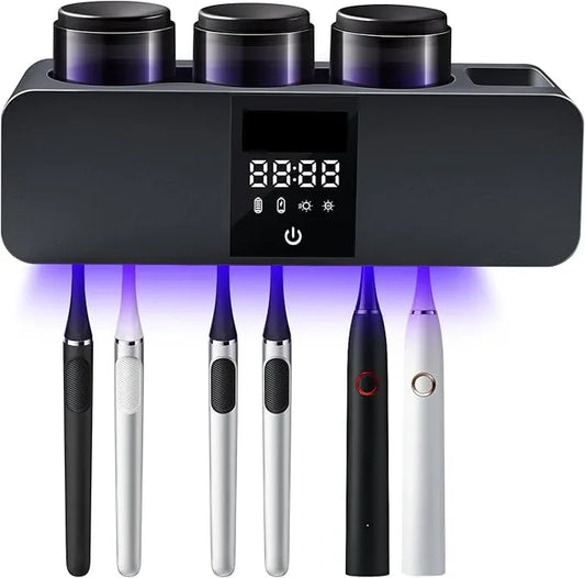 LXIANGN 3 in 1 Toothbrush Cleaner Holders for Bathrooms,Wall Mounted Toothbrush Holders with Drying and Cleaning,Smart LED Screen,6 Toothbrush Slots,3 Cups and Toothpaste Dispenser (Deep Grey) - ModernBath