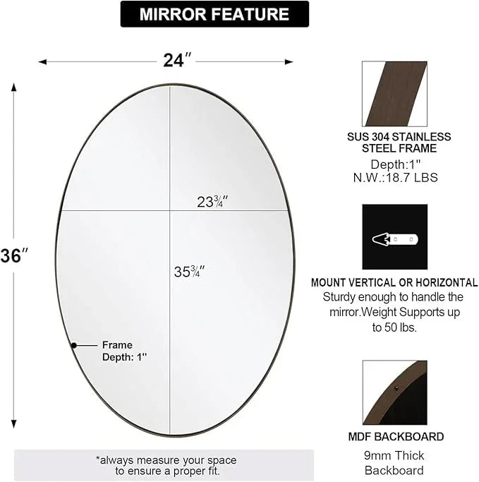 ANDY STAR Brushed Bronze Oval Mirrors for Bathroom, 24x36 Inch Bronze Stainless Steel Metal Framed Oval Wall Mirror, Modern Vanity Mirror Wall Mount Horizontal or Vertical - ModernBath