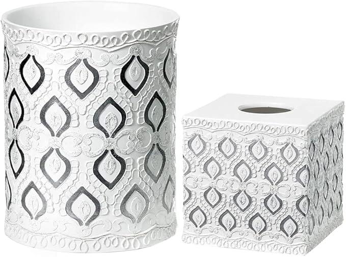 Zahari Home 2pc Monaco Modern Bath Accessories Set Waste Basket & Tissue Box Cover Modern Classic Contemporary Decorative Beautiful Designs Bathroom Decor Set for Home Luxury Bath Set - ModernBath