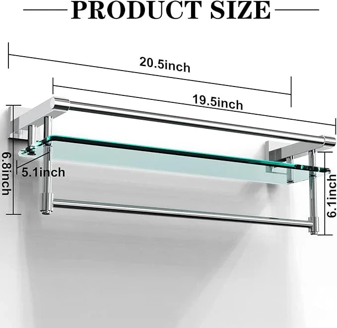 Bathroom Glass Shelf with Towel Rack Organizer Wall-Mounted Bathroom Storage SUS304 Stainless Steel Towel Bar/Track Wall-Mounted Tempered Glass Shelves (Chrome Polished, 20-inch) - ModernBath