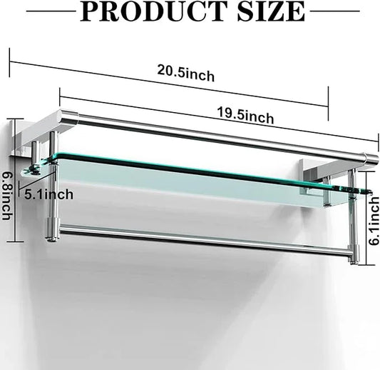 Bathroom Glass Shelf with Towel Rack Organizer Wall-Mounted Bathroom Storage SUS304 Stainless Steel Towel Bar/Track Wall-Mounted Tempered Glass Shelves (Chrome Polished, 20-inch) - ModernBath