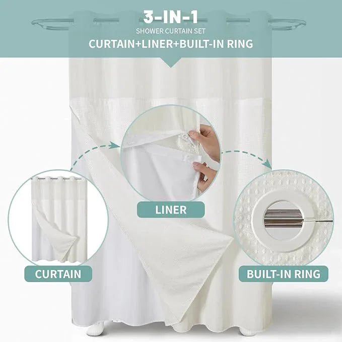 eachope Cream No Hook Waffle Weave Shower Curtain with snap-in Liner Replacement, 230GSM Waterproof Fabric Hotel Shower Curtain Set for Bathroom, Through Mesh Top Window,60Wx74H - ModernBath