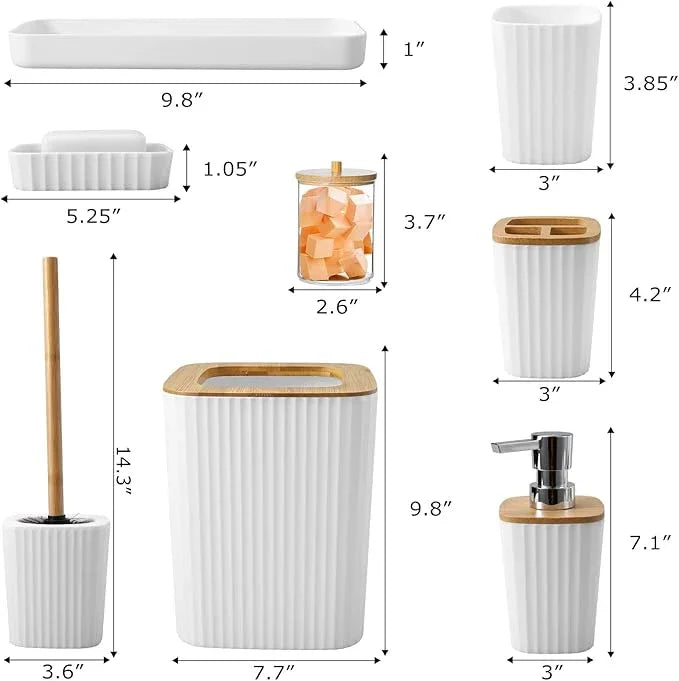 XLHOMO Bathroom Accessory Set, 9-Piece White Bathroom Set with Trash Can, Tray, Soap Dispenser, Toothbrush Holder, Toothbrush Cup, Soap Dish, Toilet Brush and Q-tip Holders for Bathroom/Housewarming - ModernBath