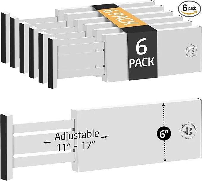 6 Pack Drawer Dividers 6 Inch High, 11”-17" Adjustable Bamboo Organizers Large Expandable Drawer Separators for Cloths, Dresser, Bedroom, Bathroom, Baby Drawer, Office & Kitchen Utensils (White) - ModernBath