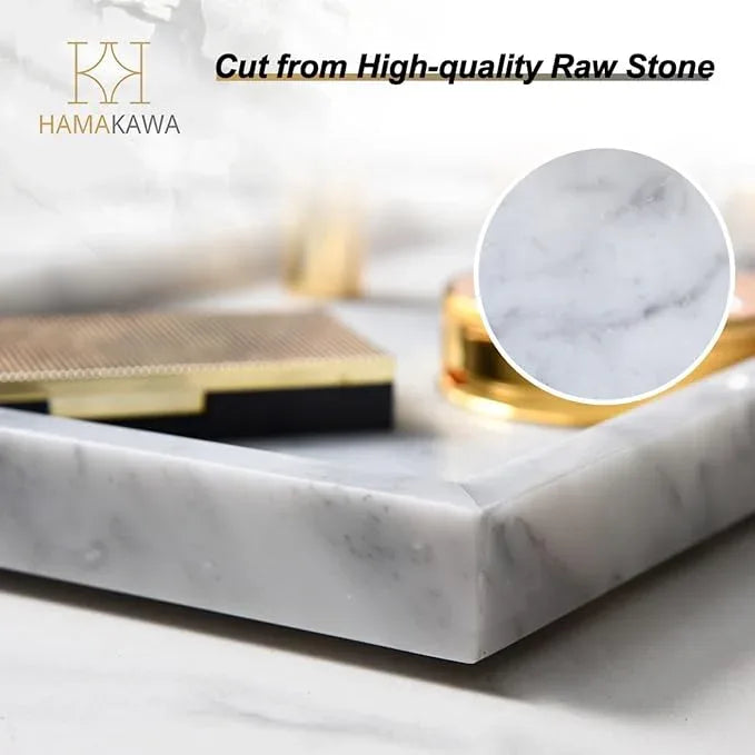 HAMAKAWA Large Bathroom Vanity Tray, Real Natural Marble Sink Tray 12 inch, Carrara White Stone Toilet Tank Trays, Modern Dresser Trays, Countertop Organizer for Kitchen Counter, Soap Dispenser - ModernBath