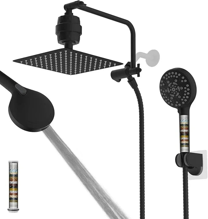 Filtered Shower Head, 10" High Pressure 10-Spray Handheld/Rainfall Shower Head Combo with 20 Stage Shower Filter, 11" Shower Extension Arm, 71" Hose, Shower Head Holder, Matte Black - ModernBath