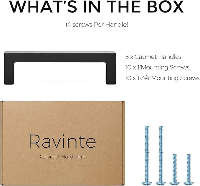 Ravinte 5 Pack Solid 3-1/2 Inch Center to Center Slim Square Bar Drawer Handles Kitchen Cabinet Handles Black Drawer Pulls Kitchen Cabinet Hardware Matte Black - ModernBath