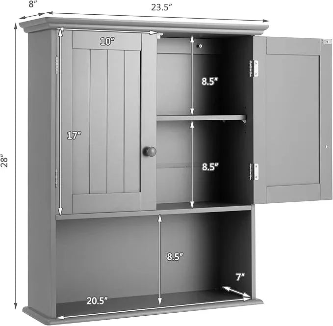 Tangkula Wall Mount Bathroom Cabinet Wooden Medicine Cabinet Storage Organizer with 2-Doors and 1-Shelf Cottage Collection Wall Cabinet (Grey) - ModernBath