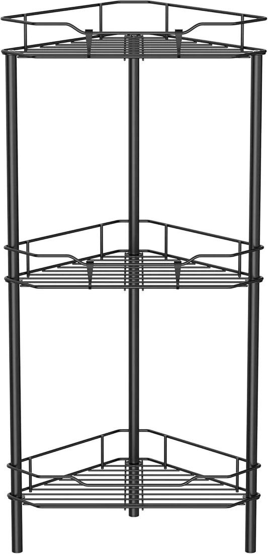 3 Tier Floor Standing Corner Shower Caddy Organizer Shelf with Hooks, Bathroom Shelves Stand Rack, Black - ModernBath