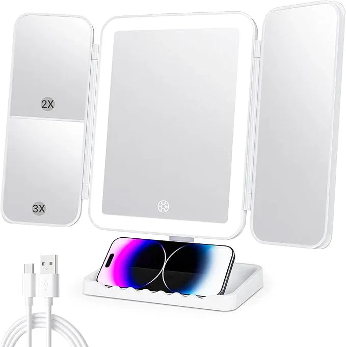 DailyCuddles Makeup Mirror Vanity Mirror with Lights, 3 Color Lighting Modes, 1X/2X/3X Magnification, Tri-fold, 360° Rotation, Phone Holder for Makeup, 2000mAh Rechargeable, Bedroom, Bathroom, (White) - ModernBath