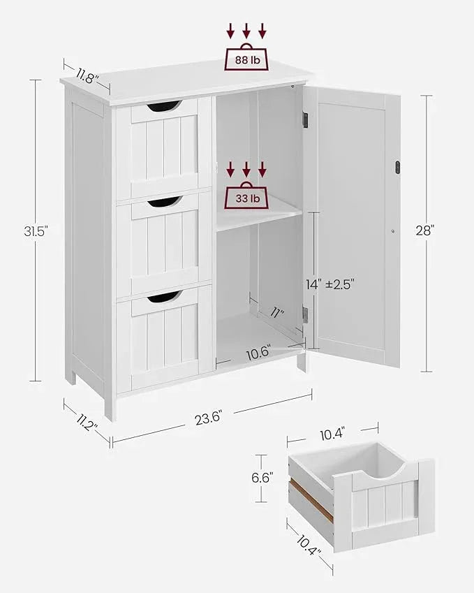 VASAGLE Floor Storage Cabinet, Freestanding Storage Unit with 3 Drawers, 1 Adjustable Shelf, for Bathroom Living Room Dining Kitchen, 11.8 x 23.6 x 31.5 Inches, White UBBC49WT - ModernBath