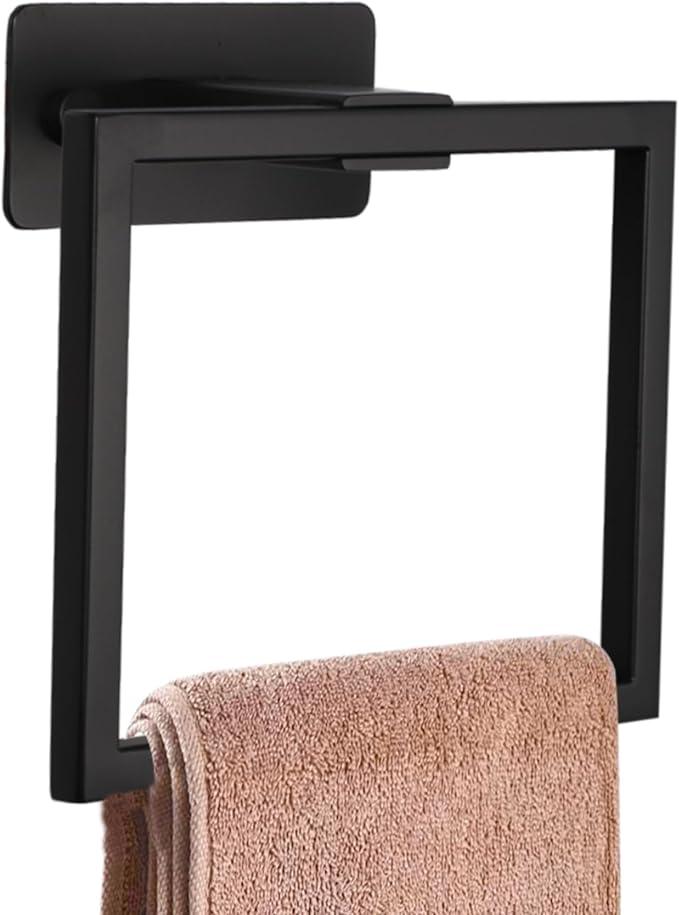 LANC Hand Towel Holder for Bathroom Wall Mount Matte Black Square Self Adhesive Hand Towel Rings for Bathroom Hardware Accessories Kitchen Toilet Stainless Steel Towel Hanger Racks, A8396MB - ModernBath
