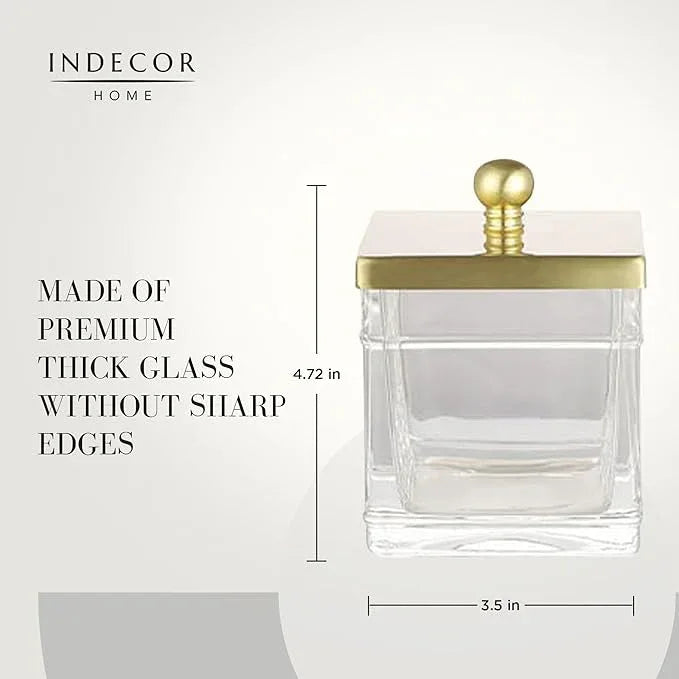 Indecor Home Clear Transparent Hotel Style Apothecary Tempered Glass Canister Jar W/ Gold Metal Lid Cover, Classic Countertop Organizer for Cotton balls/pads, Floss Picks, Makeup Storage - ModernBath