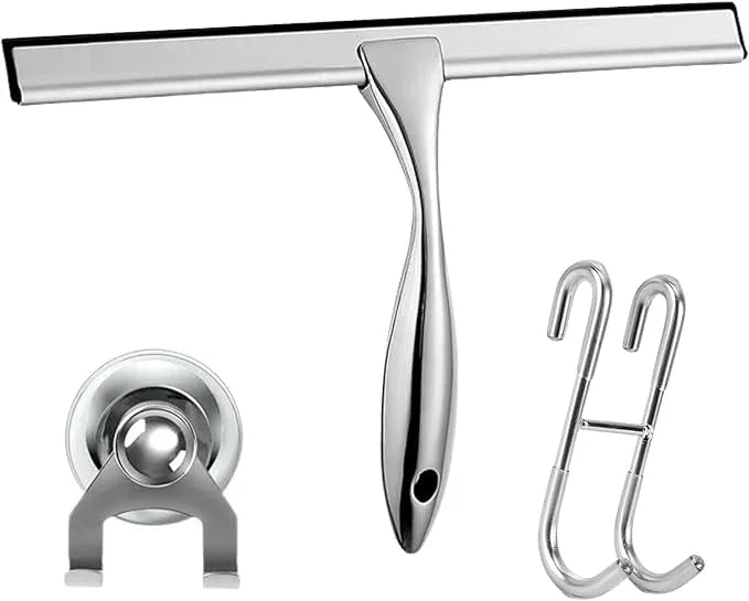 12'' Light Weight Stainless Steel Shower Squeegee for Glass Doors with 4 Pieces Set (1 Window Squeegee, 1 Door Hook and 2 Adhesive Hooks) Perfect Cleaning Tool for Car, Window, Bathroom Mirror - ModernBath