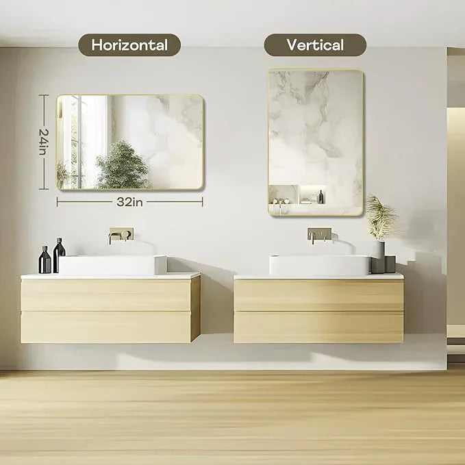 Minuover Gold Framed Bathroom Mirror, Brushed Gold Bathroom Vanity Wall Mirror, Rounded Rectangle Gold Frame Mirror, Tempered Glass, Anti-Rust, Hangs Horizontally or Vertically (24" x 32", Gold) - ModernBath