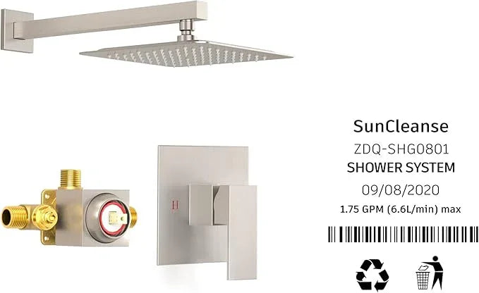 SunCleanse Shower Faucet Set with Valve, 8 Inch Square Shower Head and Handle Set, Single Handle Shower Trim Kit with Extra Long Shower Arm, Brushed Nickel - ModernBath