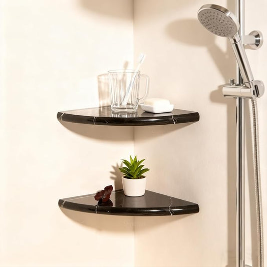Lovdeco 2 Pcs Black Marble Corner Shelf, Nero Marquina Black Marble Corner Shower Shelf, Polished 9" Round Edge Corner Shelves for Bathroom, Kitchen, Office, Living Room, 2 Piece