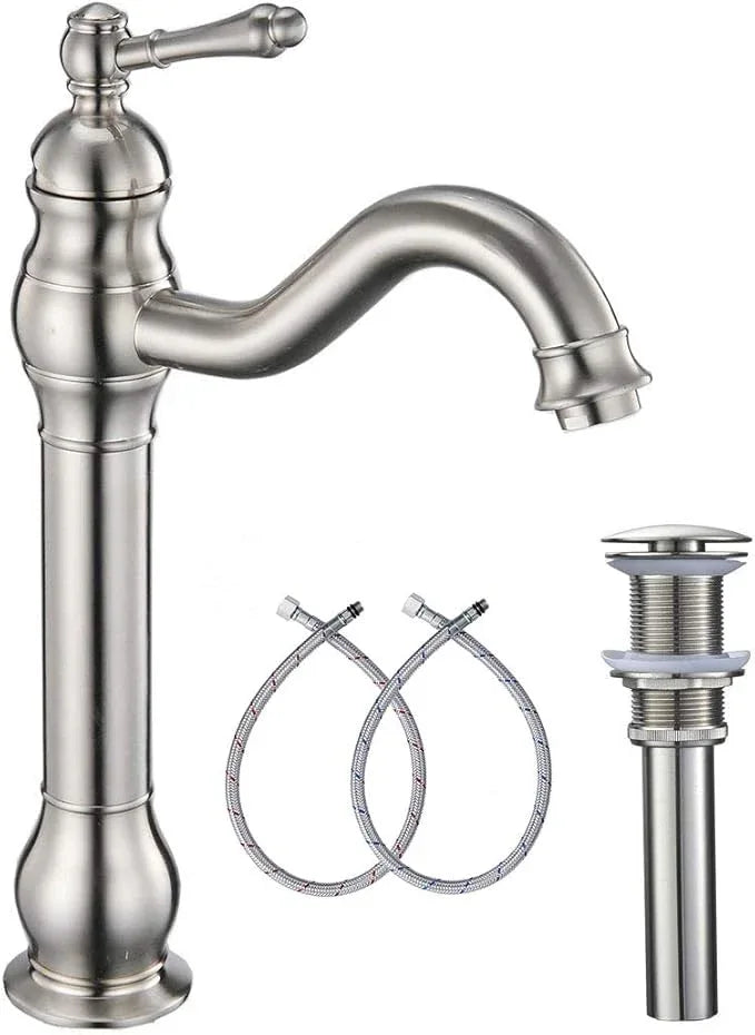 GGStudy 360° Swivel Single Handle One Hole Bathroom Vessel Sink Faucet Matching Pop Up Drain Without Overflow Brushed Nickel - ModernBath