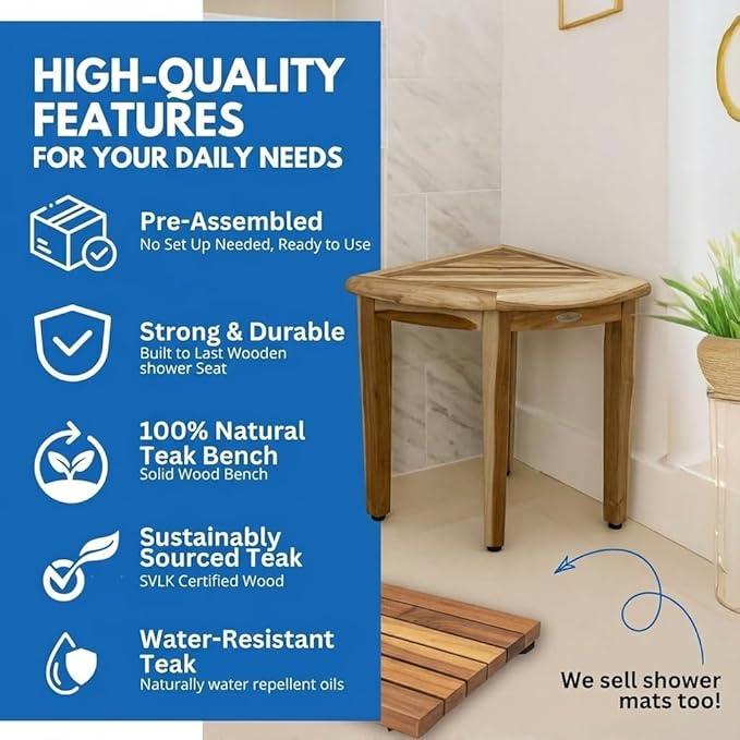 EcoDecors SnazzyCorner Waterproof Teak Wood Shower Bench Stool Seat Chair For Inside Shower Provides Safety, Storage, and Organization For Bathroom Accessories - ModernBath