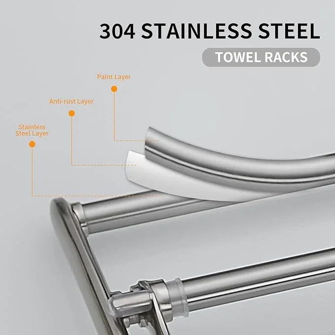 BESy 24 Inch Brushed Nickel Towel Racks, Bathroom Towel Shelf with Foldable Towel Bar Holder and Towel Hooks, Wall Mounted Multifunctional Bathroom Accessories, Double Towel Bars - ModernBath