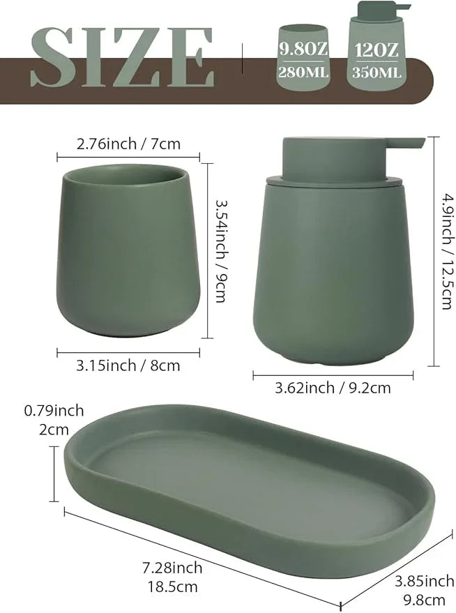 INGOFIN 3 Pcs Ceramic Bathroom Accessory Set - Foam Soap Dispenser, Toothbrush Holder & Tray, Bathroom Counter Set, Countertop Essentials for Home, Guest Bathroom, or Office Use, Matte Green - ModernBath
