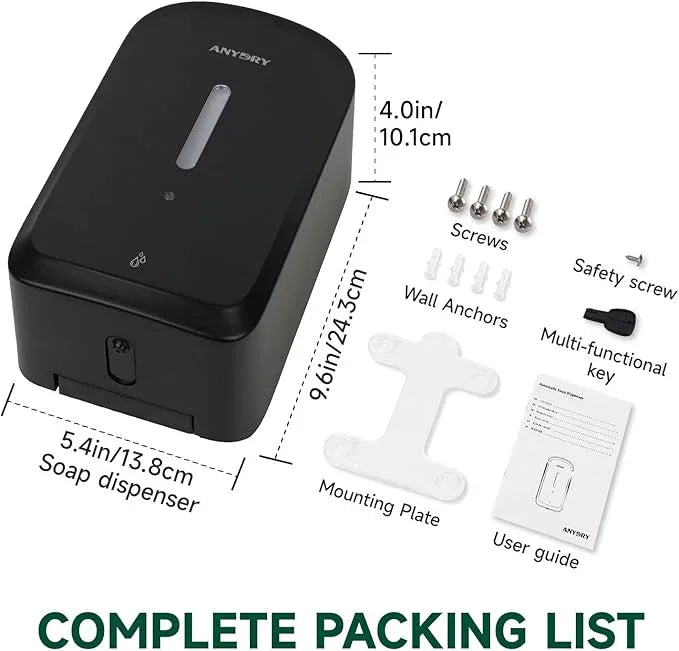 anydry Commercial Automatic Soap Dispenser Large 34oz/1000ml Capacity Wall-Mounted Touchless Liquid Dispenser for High-Traffic Restrooms, Offices, Hospitals Model AD1220S Black - ModernBath