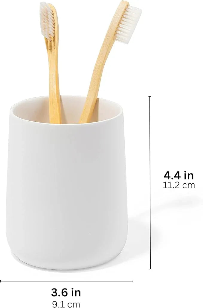 Yew Design Matte White Toothbrush and Toothpaste Holder and Cup for Bathroom Vanity and Countertop, Round Organizer for Electric Toothbrushes, Floss, Razors, Cotton, and Mouthwash - ModernBath