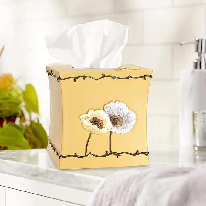 Zahari Home 2pc Poppy Fields Modern Bath Accessories Set Waste Basket & Tissue Box Modern Classic Contemporary Decorative Beautiful Designs Bathroom Decor Set for Home Luxury Yellow Bath Set - ModernBath