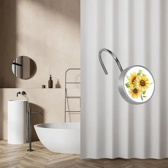 12 Pcs Decorative Shower Curtain Hooks, Rust Proof Glass Surface Stainless Steel Rings for Bathroom Bedroom Kitchen Home Bath Room Rods Decor (Watercolor Sunflowers Bouquet) - ModernBath