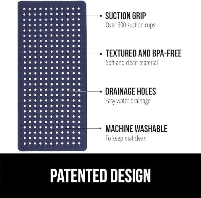 GORILLA GRIP Patented Bath Tub Shower Mat, Machine Washable Bathtub Floor Liner Mats, Suction Cups and Drain Holes to Keep Tubs Clean, Soft on Feet, Bathroom Essentials, 35x16 Inch, Navy Opaque - ModernBath