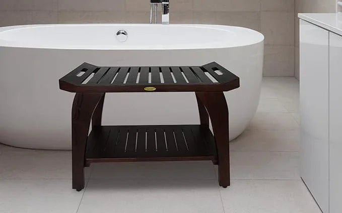 DecoTeak Tranquility 30 Inch Extended Height Brown Waterproof Teak Wood Shower Bench Stool Seat Chair for Inside Shower Storage Shelf Provides Safety Storage and Organization for Bathroom Accessories - ModernBath