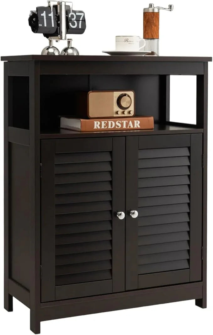 LDAILY Freestanding Bathroom Organizer, Double Shutter Doors, Adjustable Shelf, Wooden Floor Cabinet, Brown - ModernBath
