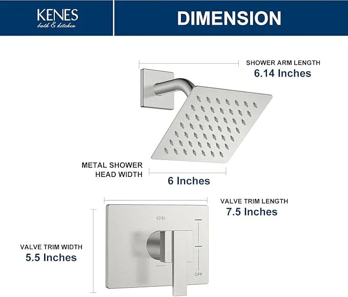 KENES Brushed Nickel 6-Inch Shower Head and Handle Set, Square Shower Faucet Set Bathroom Rainfall Shower System Wall Mount, KE-6025B (Shower Valve Included) - ModernBath