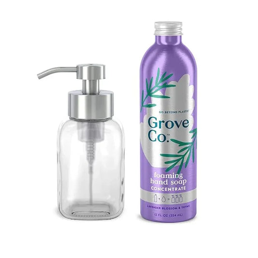 Grove Co. Foaming Hand Soap Concentrate (12 Fl Oz) + Reusable Glass Soap Dispenser, Plastic-Free Liquid Refillable Starter Kit, Natural Lavender Blossom & Thyme Fragrance - ModernBath