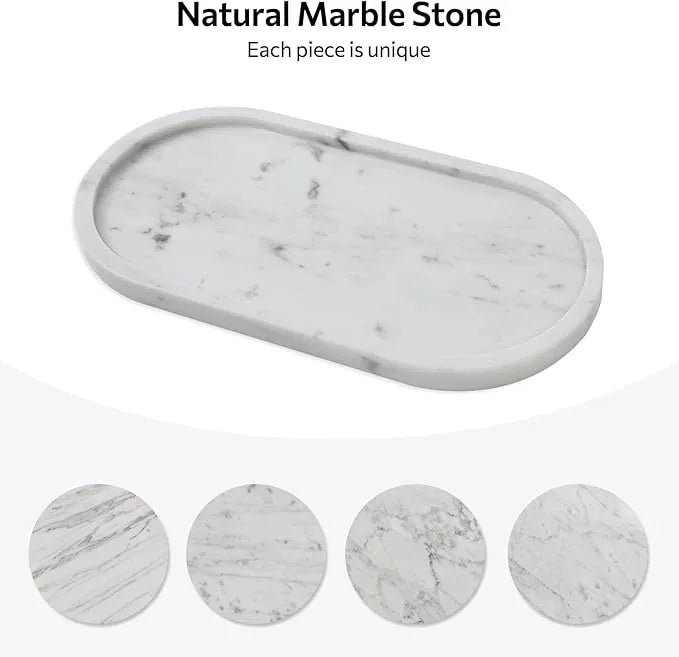 Faticdorr Carrara White Marble Tray, 2 Pcs, Marble Vcnity Tray, Bathroom, Decor for Trinket Perfume Jewelry Candle, 12 Inch Oval - ModernBath