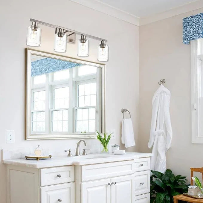 VINLUZ Industrial Brushed Nickel Wall Sconce with Clear Glass Shade and Metal Base,4 Light Bathroom Vanity Lighting Fixture Over Mirror for Dressing Table - ModernBath