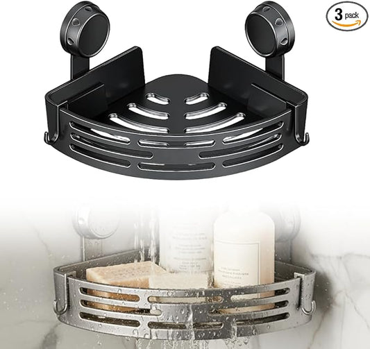 Triangle Suction Cup Corner Shelves No Drilling Bathroom Storage Rack, 2026 New Corner Shower Shelf Suction Cup Shower Caddy Corners Organizer Storage Rack Adhesive with Towel Bar (Black single-layer)