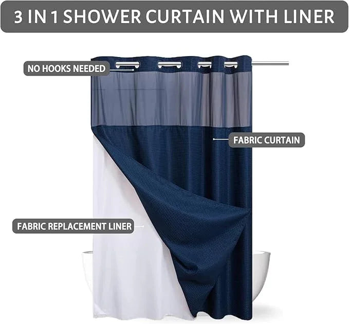 Furlinic Waffle Weave No Hook Shower Curtain with Snap in Fabric Liner Set,Heavy Duty Textured Bathroom Curtain with See Through Window,Waterproof & Machine Washable,Navy Blue,71x72 Inch - ModernBath