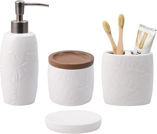 Bathroom Accessories Set,Leaf Design Bathroom Accessory Set,4 PCS Ceramic Gift Set Apartment Necessities, Contain Cotton Swab Jar,Soap Dispenser,Soap Dish,Tumbler White - ModernBath