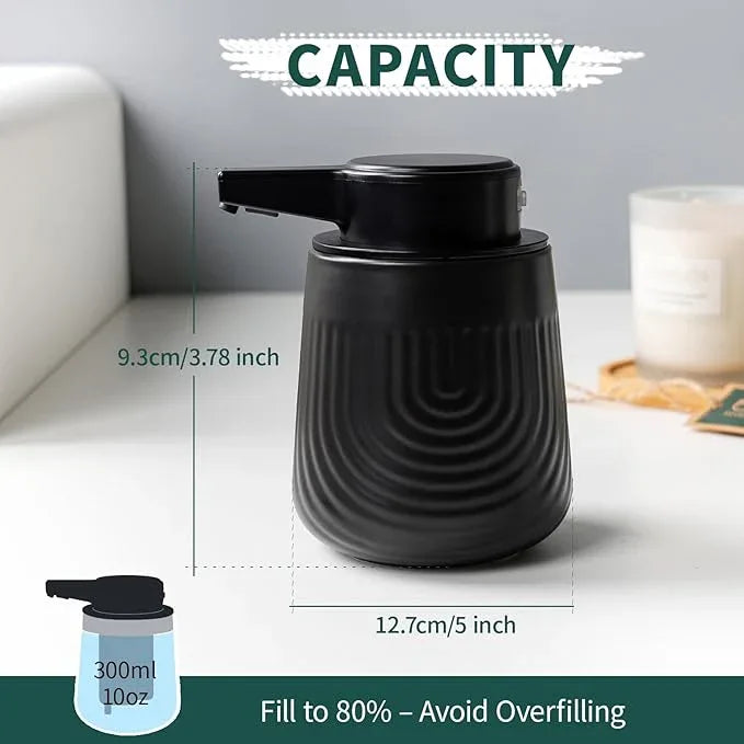 BosilunLife Ceramic Automatic Soap Dispenser with Extended Pump Nozzle, 3 Adjustable Levels, Touchless Lotion Hand Wash Liquid Soap Dispenser for Bathroom & Kitchen, Embossed Wave Design, Black, 10oz - ModernBath